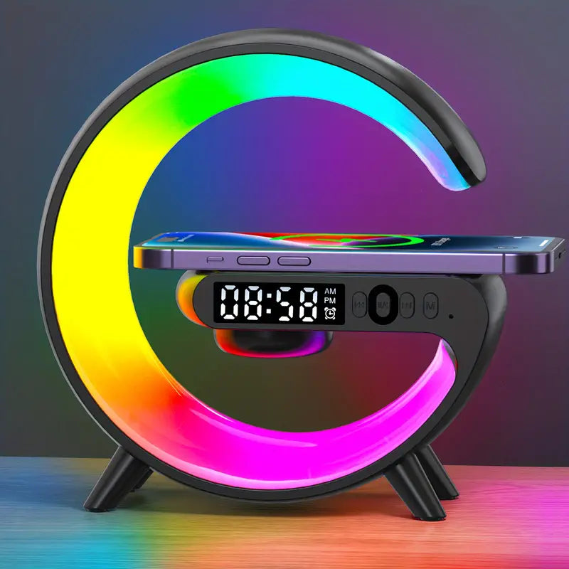 Mini 15W LED-Atmosphäre RGB-Licht Wireless Charger Wecker Schreibtischlampe Bluetooth-Lautsprecher mit APP-Steuerung