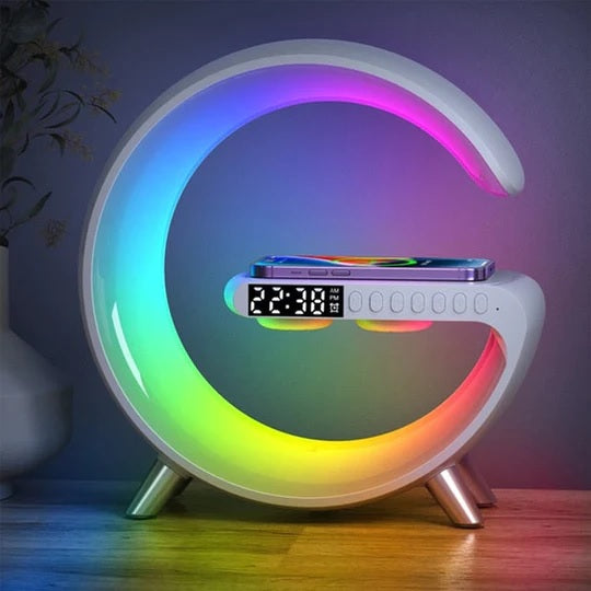 15W LED-Atmosphäre RGB-Licht Wireless Charger Wecker Schreibtischlampe Bluetooth-Lautsprecher mit APP-Steuerung