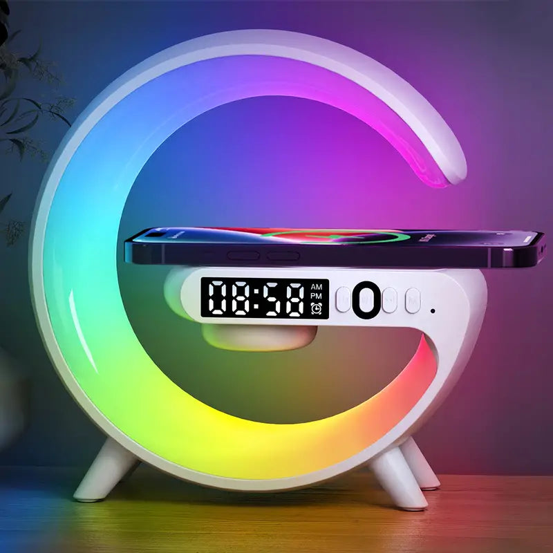 Mini 15W LED-Atmosphäre RGB-Licht Wireless Charger Wecker Schreibtischlampe Bluetooth-Lautsprecher mit APP-Steuerung
