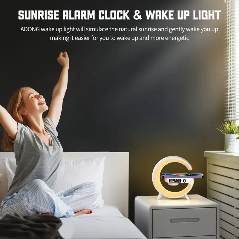 Mini 15W LED-Atmosphäre RGB-Licht Wireless Charger Wecker Schreibtischlampe Bluetooth-Lautsprecher mit APP-Steuerung