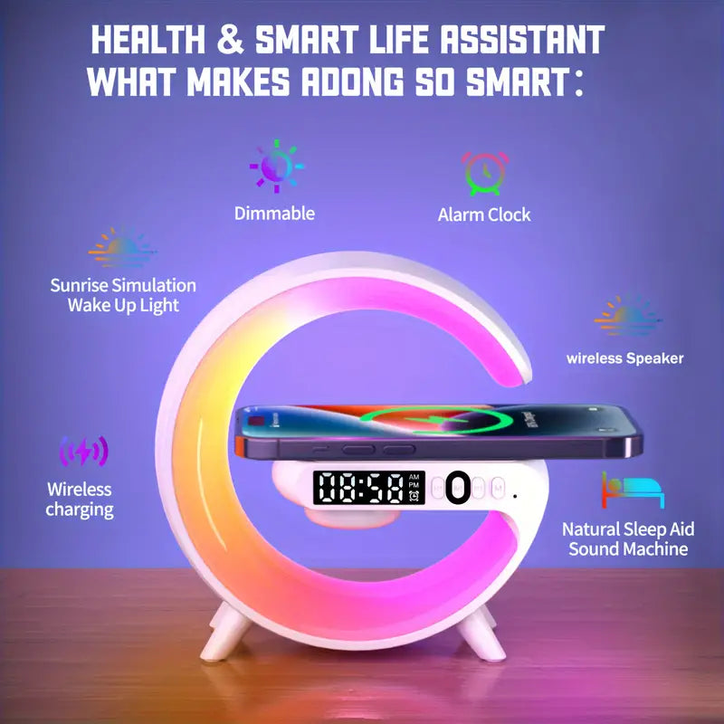 Mini 15W LED-Atmosphäre RGB-Licht Wireless Charger Wecker Schreibtischlampe Bluetooth-Lautsprecher mit APP-Steuerung