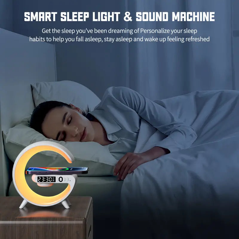 Mini 15W LED-Atmosphäre RGB-Licht Wireless Charger Wecker Schreibtischlampe Bluetooth-Lautsprecher mit APP-Steuerung