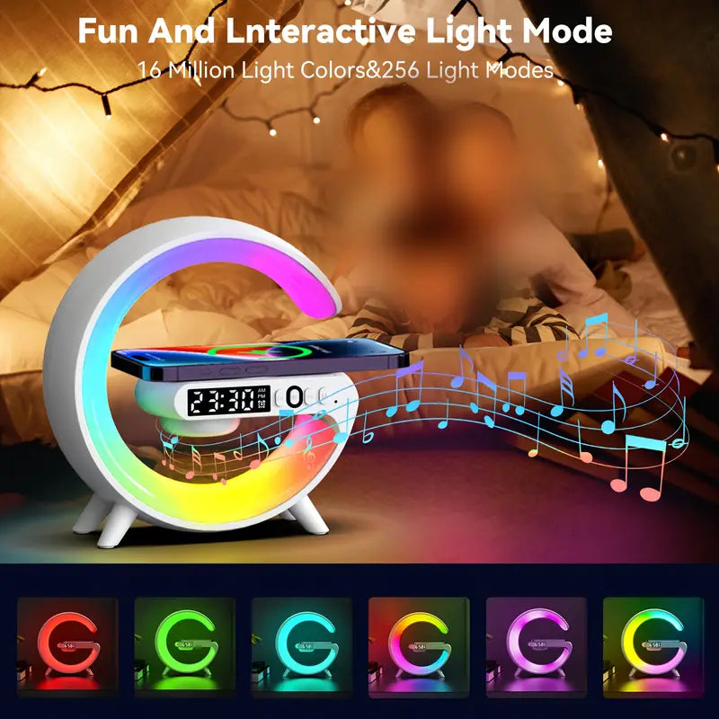 Mini 15W LED-Atmosphäre RGB-Licht Wireless Charger Wecker Schreibtischlampe Bluetooth-Lautsprecher mit APP-Steuerung