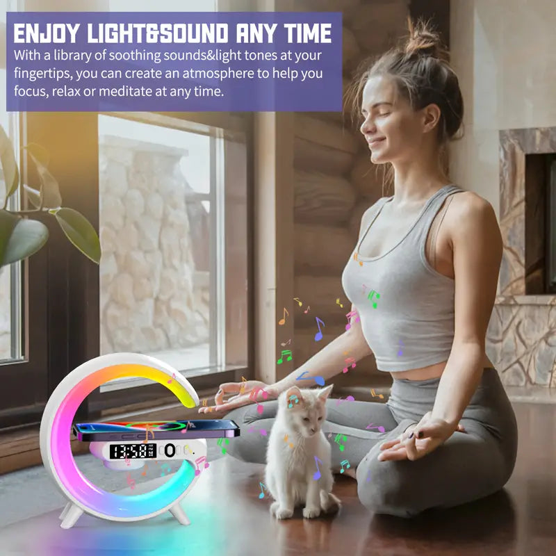 Mini 15W LED-Atmosphäre RGB-Licht Wireless Charger Wecker Schreibtischlampe Bluetooth-Lautsprecher mit APP-Steuerung