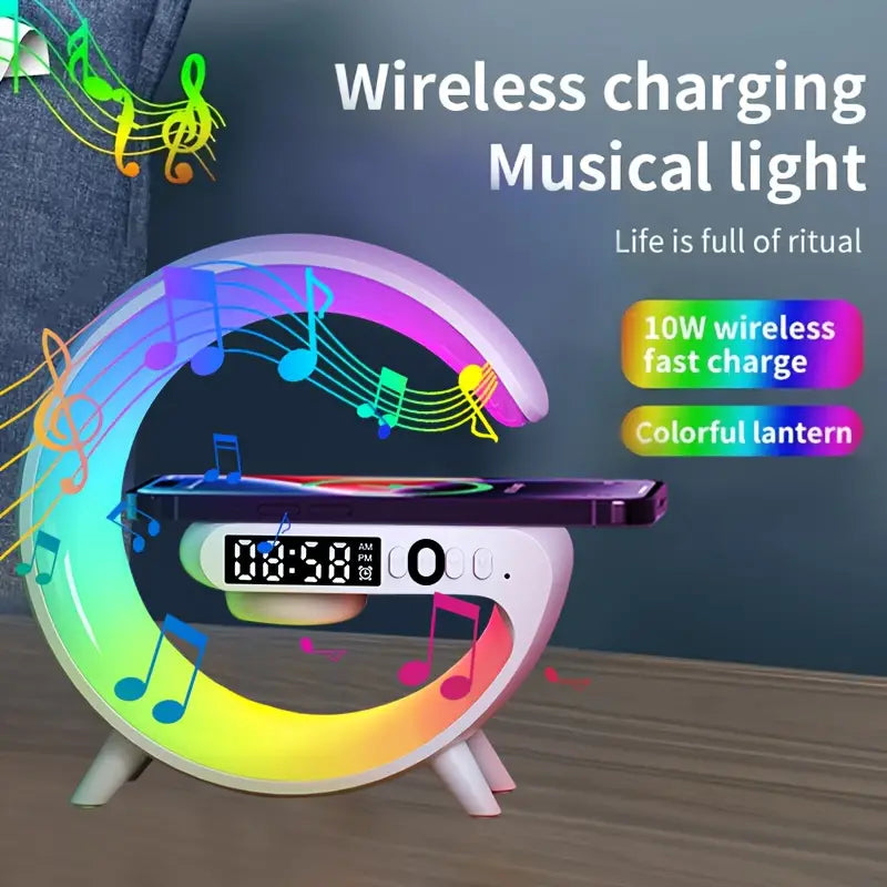 Mini 15W LED-Atmosphäre RGB-Licht Wireless Charger Wecker Schreibtischlampe Bluetooth-Lautsprecher mit APP-Steuerung