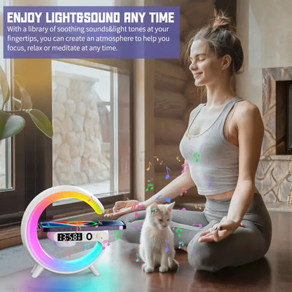 Mini 15W LED Atmosphere RGB Light Wireless Charger Alarm Clock Desk Lamp Bluetooth Speaker with APP Control